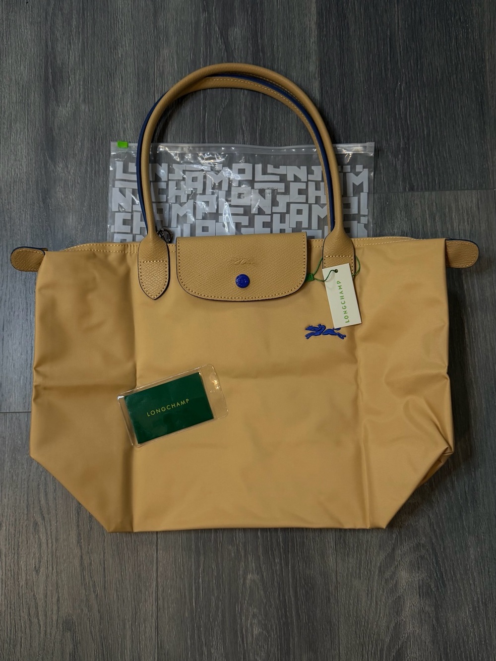 Longchamp Le Pliage Club Large Shoulder Bag Beige/Khaki Canvas with blue accents
